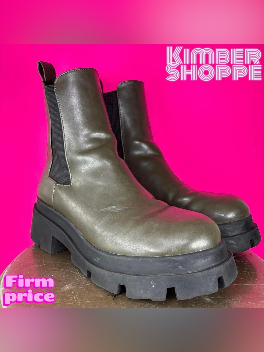 Zara Green Faux Leather Chunky Lug Sole High Ankle Boot EU 38 US 7.5